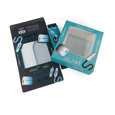 맞춤형 로고 핫 포일 접이식 전자 제품 포장 상자 USB 데이터 케이블 종이 상자 포장 (PVC 창 포함)